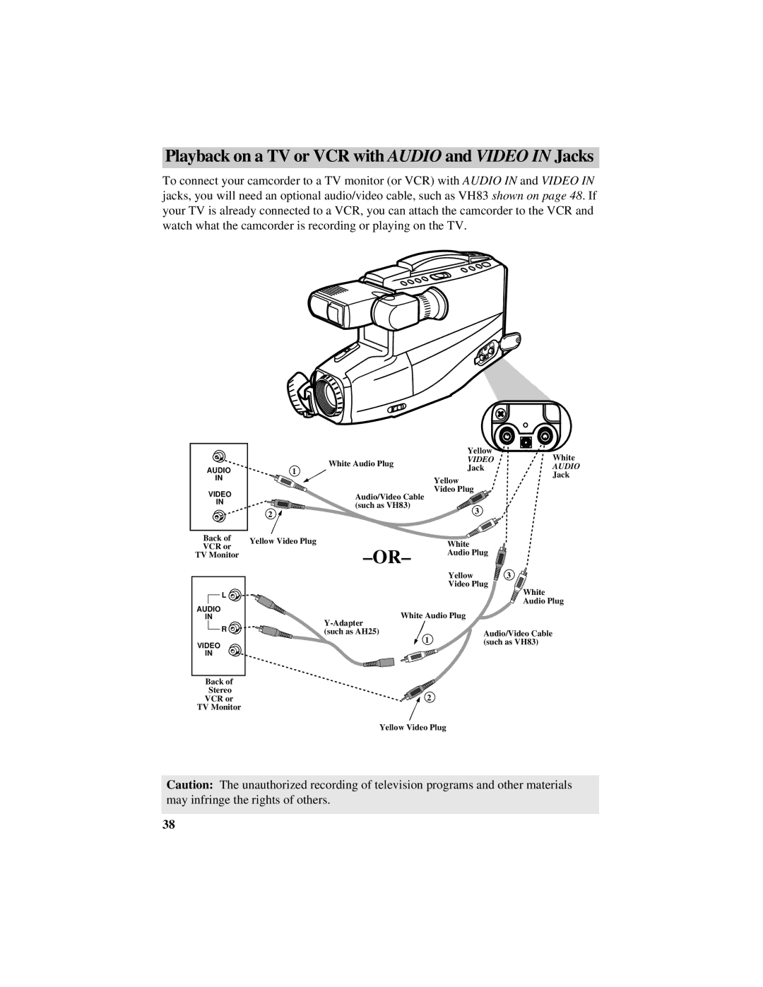 RCA CC432 manual Playback on a TV or VCR with Audio and Video in Jacks 