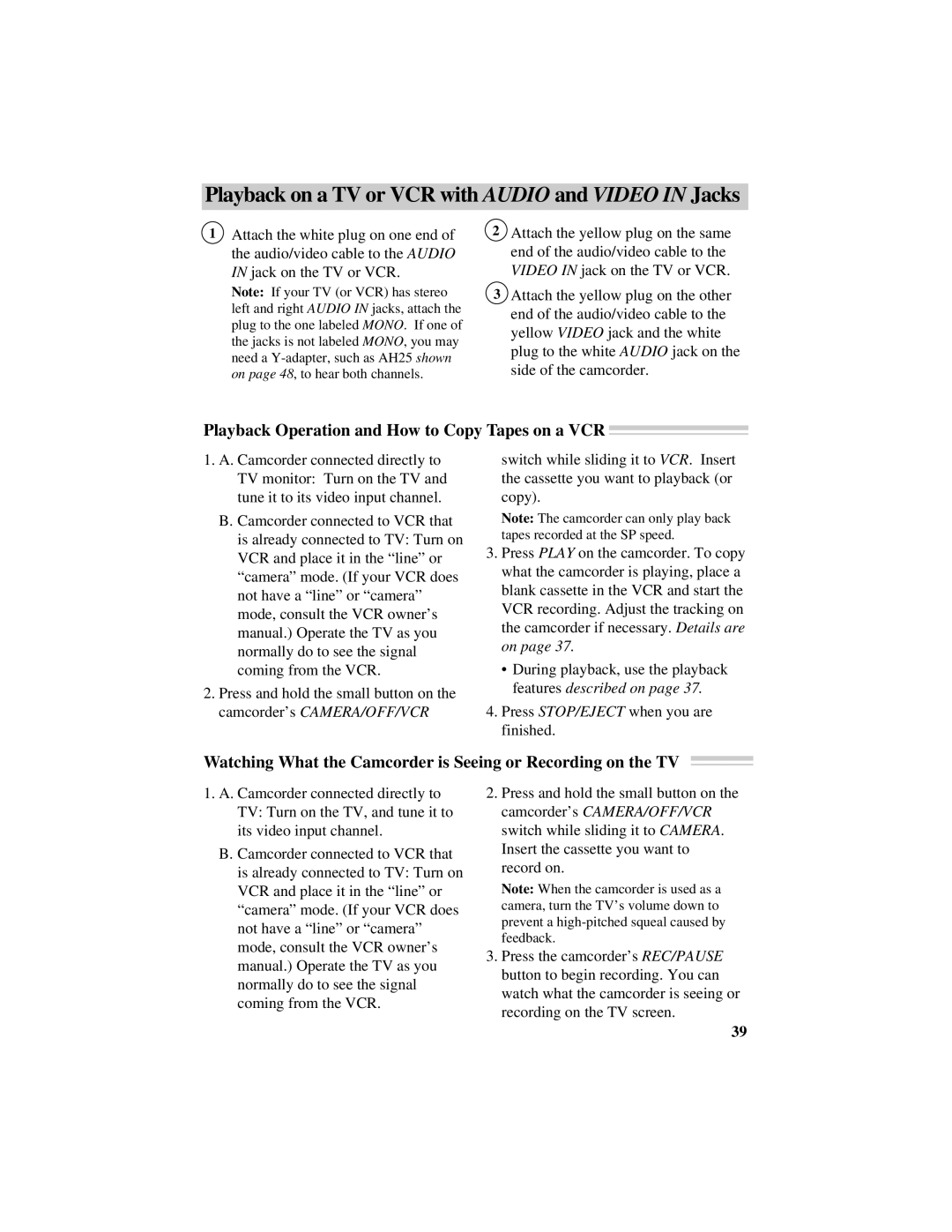 RCA CC432 Playback Operation and How to Copy Tapes on a VCR, Watching What the Camcorder is Seeing or Recording on the TV 