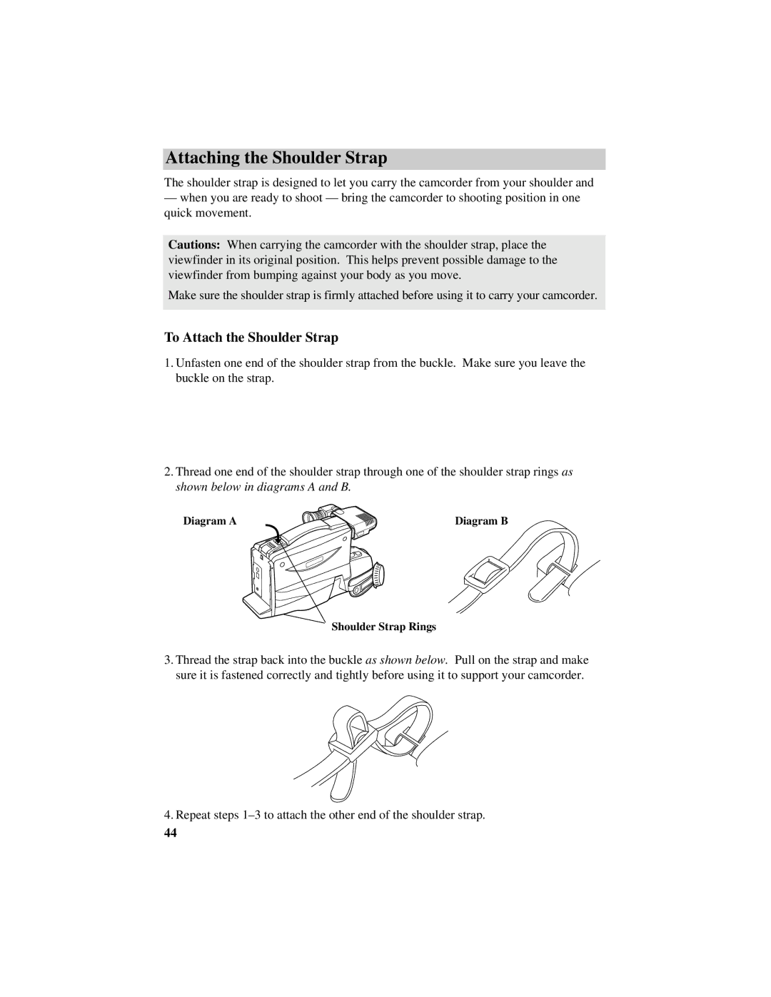 RCA CC432 manual Attaching the Shoulder Strap, To Attach the Shoulder Strap 