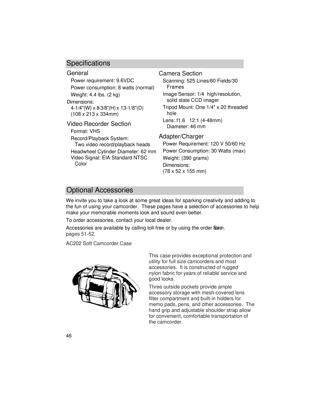 RCA CC432 manual Specifications, Optional Accessories 