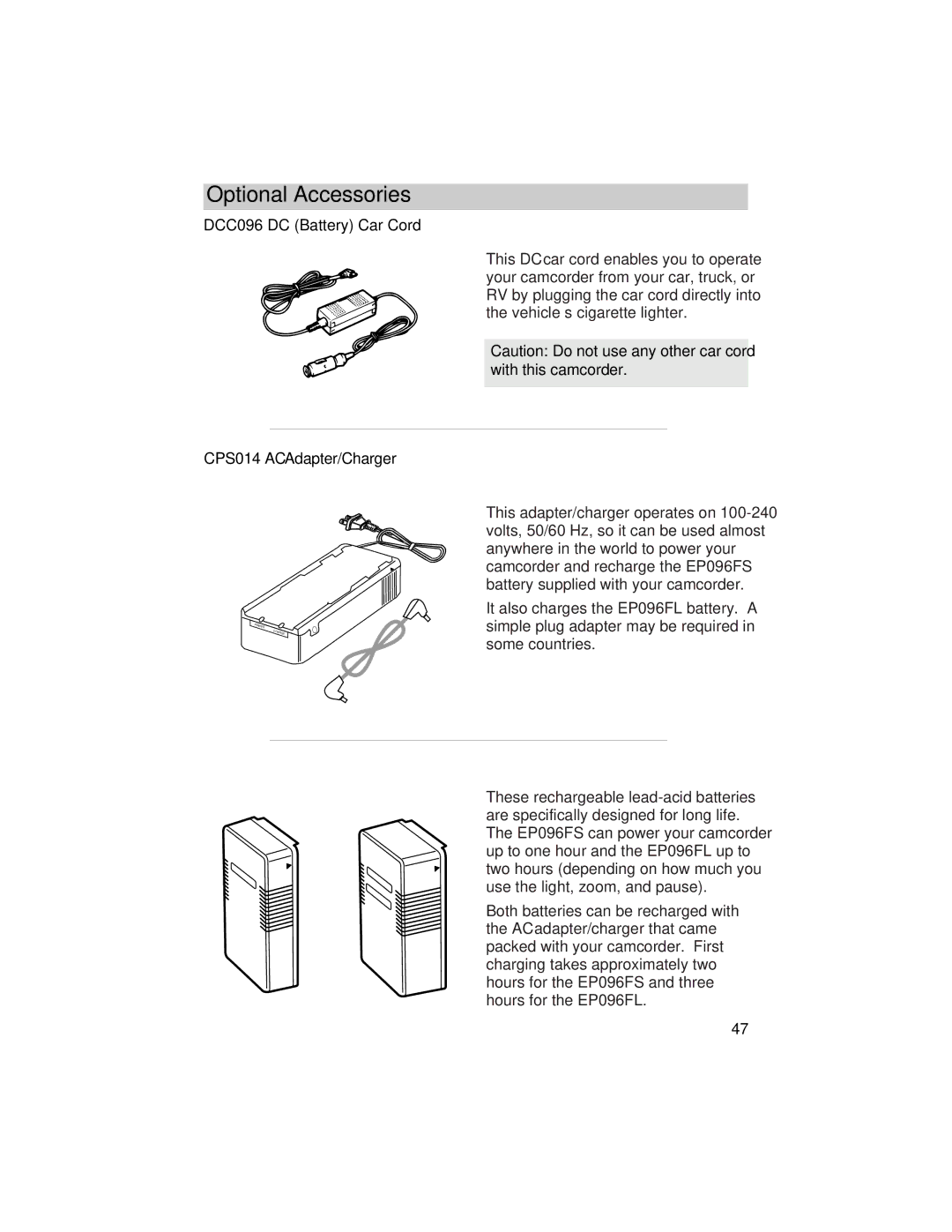 RCA CC432 manual DCC096 DC Battery Car Cord CPS014 AC Adapter/Charger 