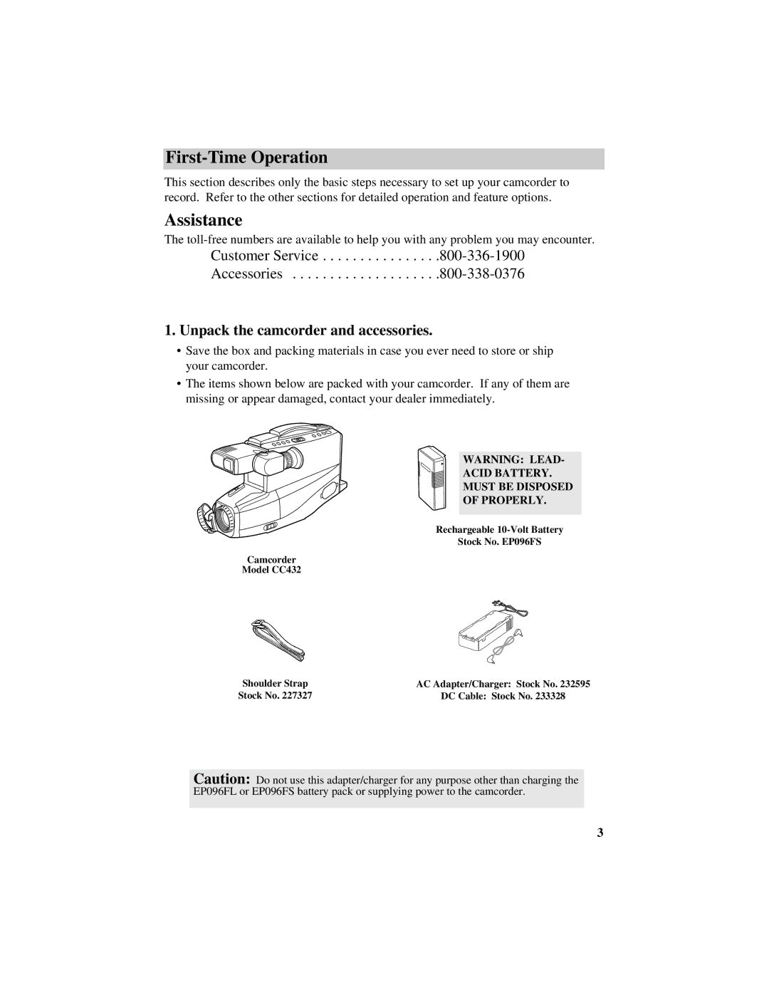 RCA CC432 manual First-Time Operation, Unpack the camcorder and accessories 