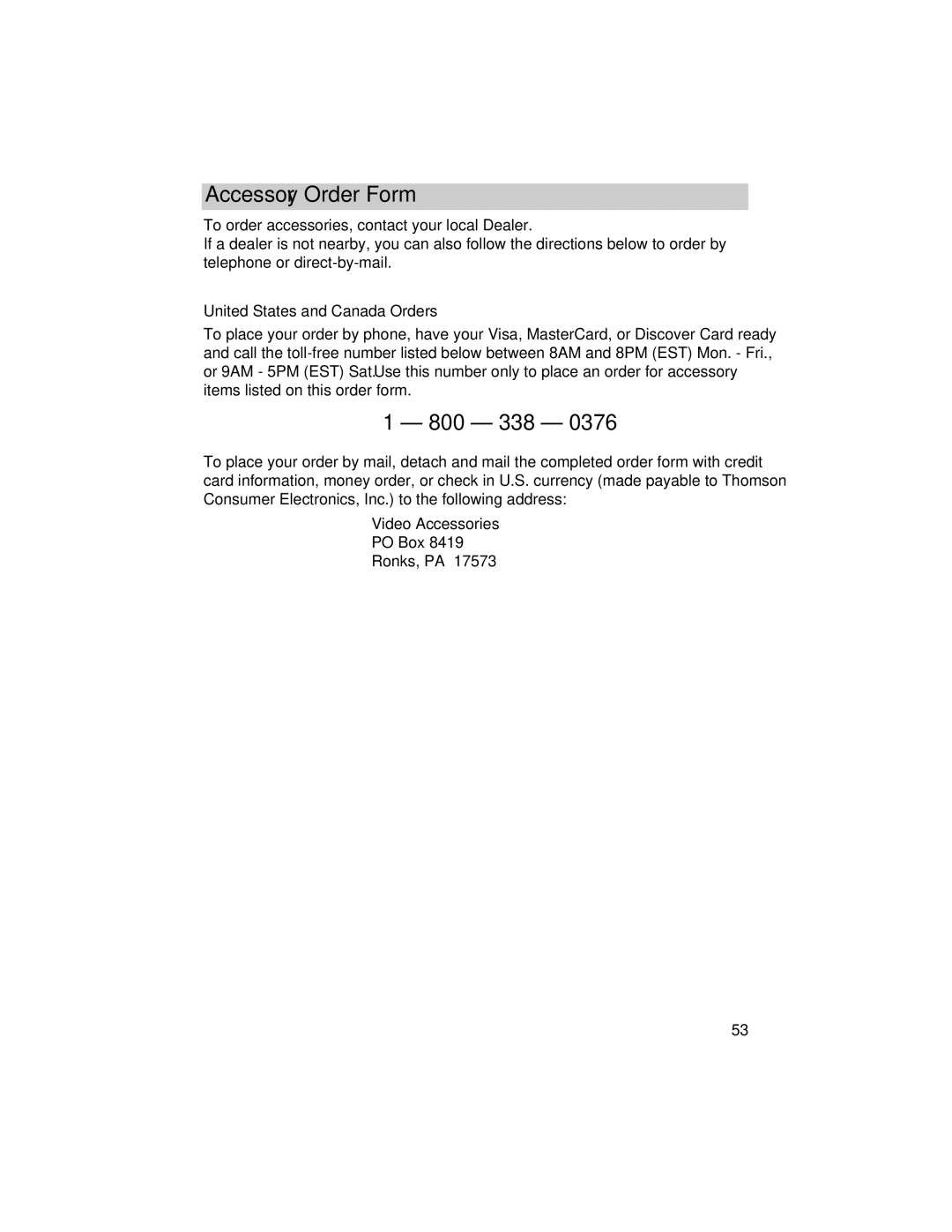 RCA CC432 manual 800 338, United States and Canada Orders, Items listed on this order form 