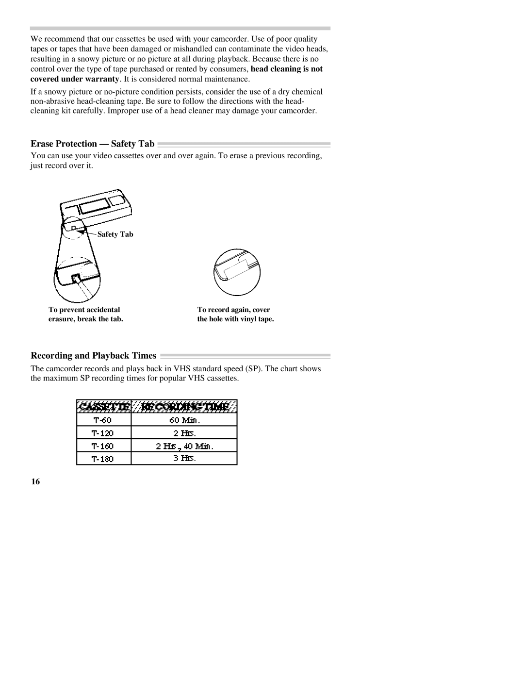 RCA CC437 manual Erase Protection Safety Tab, Recording and Playback Times 