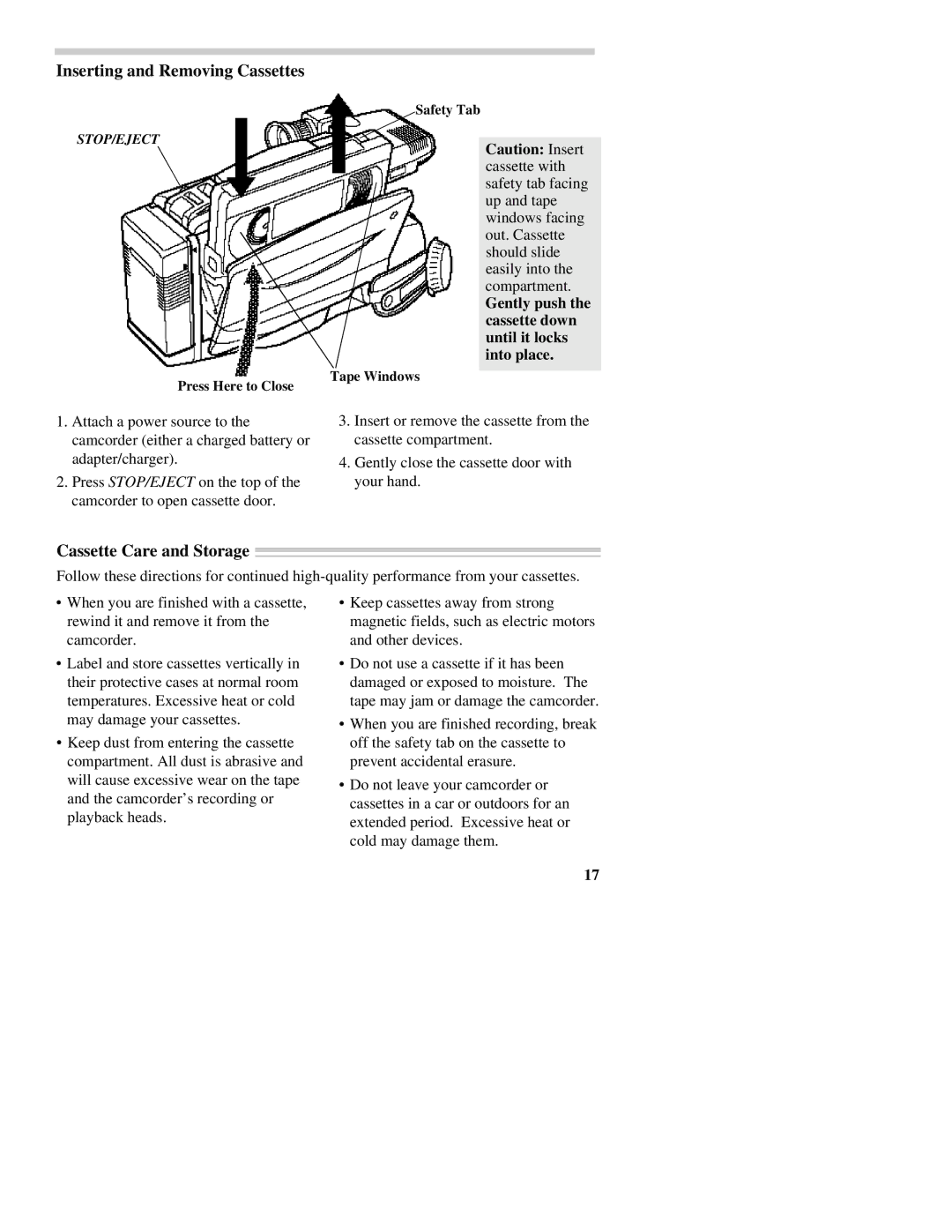 RCA CC437 manual Inserting and Removing Cassettes, Cassette Care and Storage 