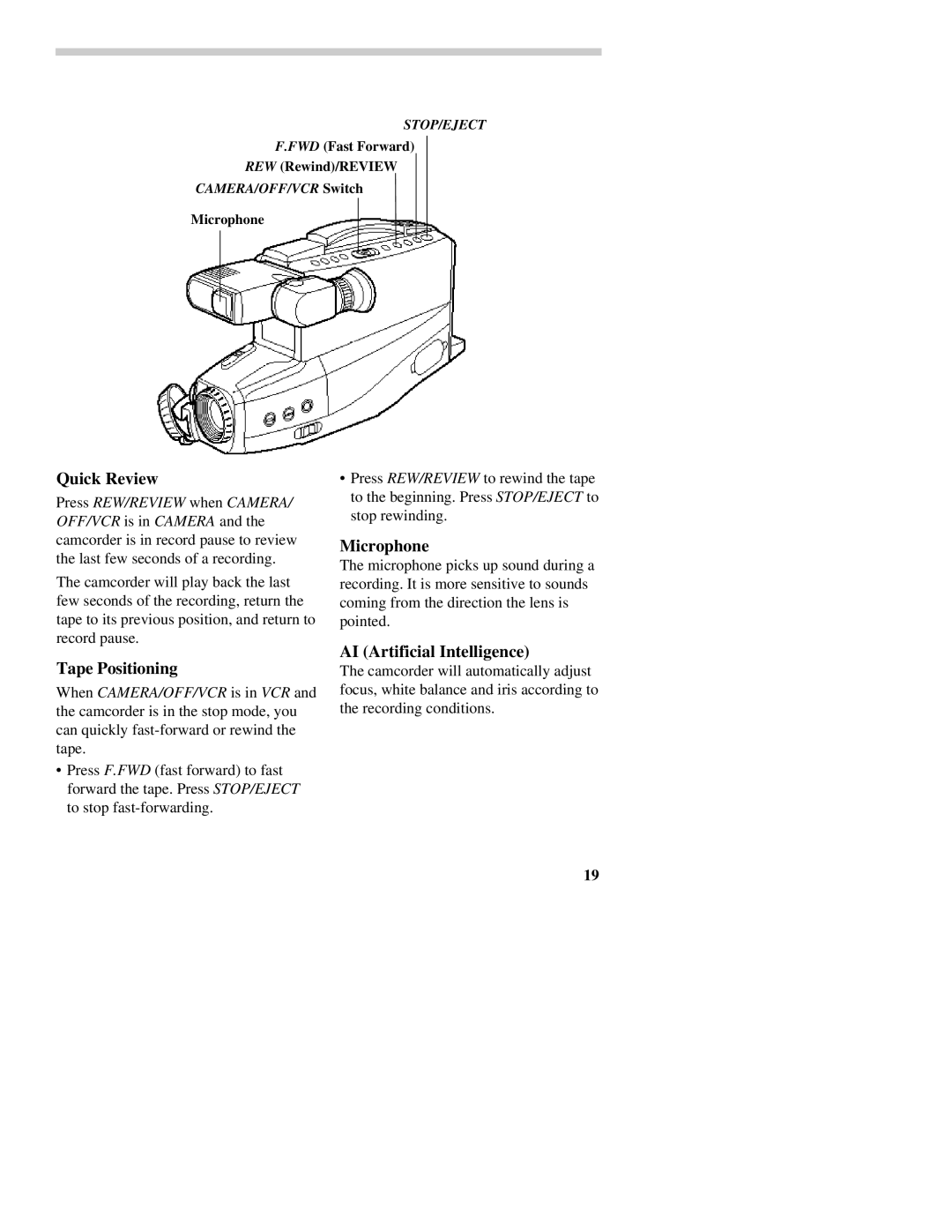 RCA CC437 manual Quick Review, Tape Positioning, Microphone, AI Artificial Intelligence 