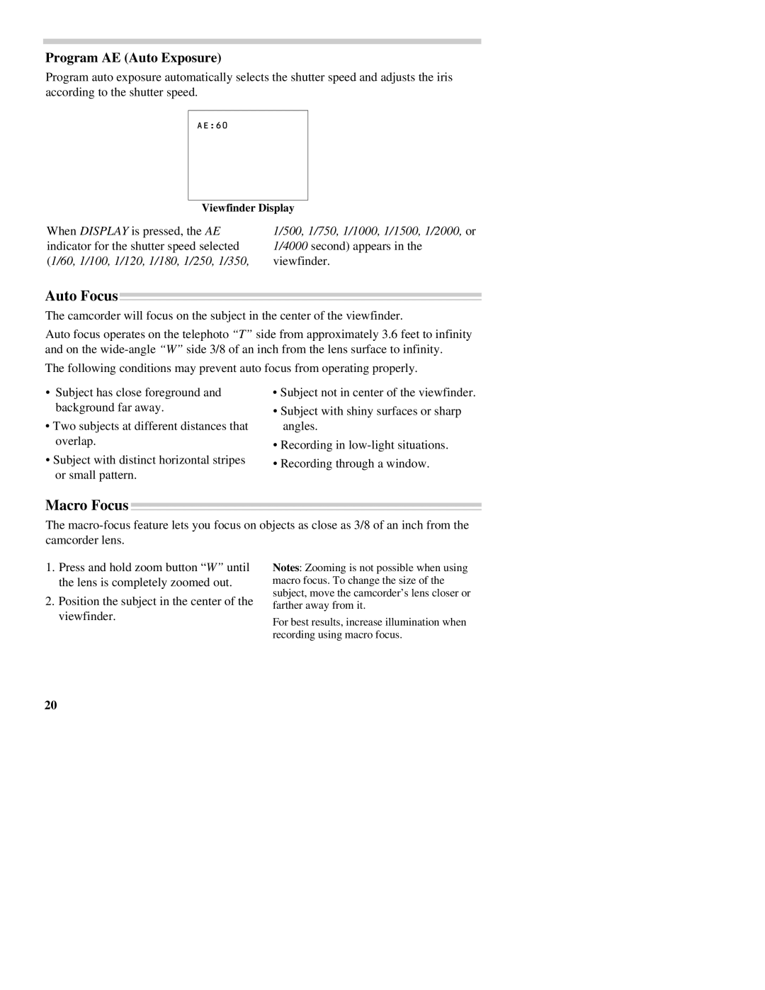 RCA CC437 manual Auto Focus, Macro Focus, Program AE Auto Exposure 