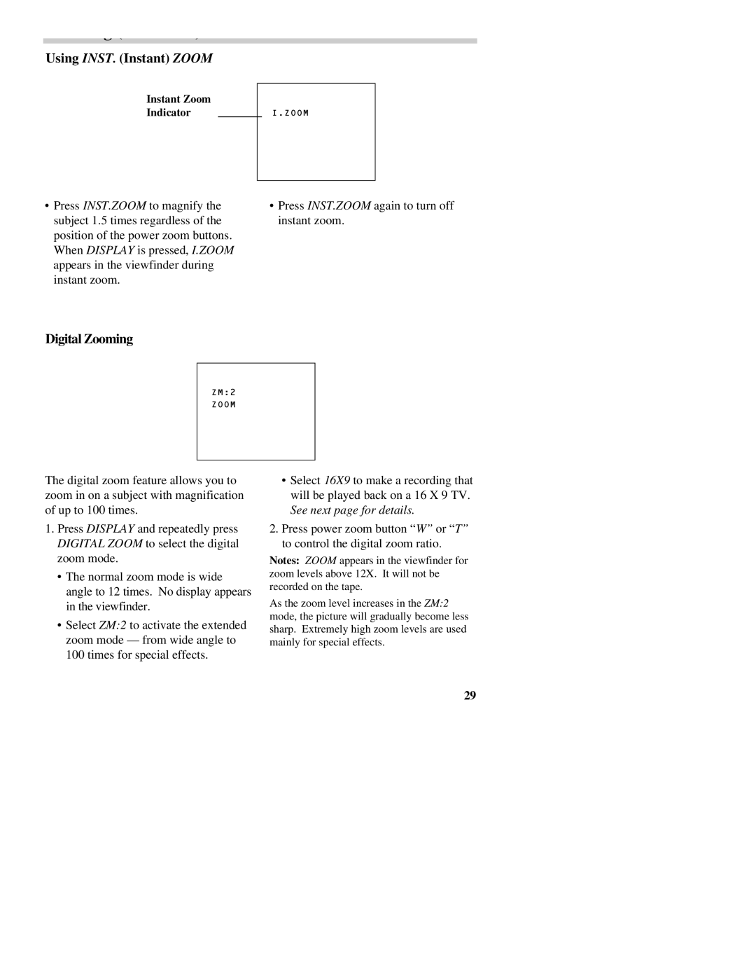 RCA CC437 manual Using INST. Instant Zoom, Digital Zooming 