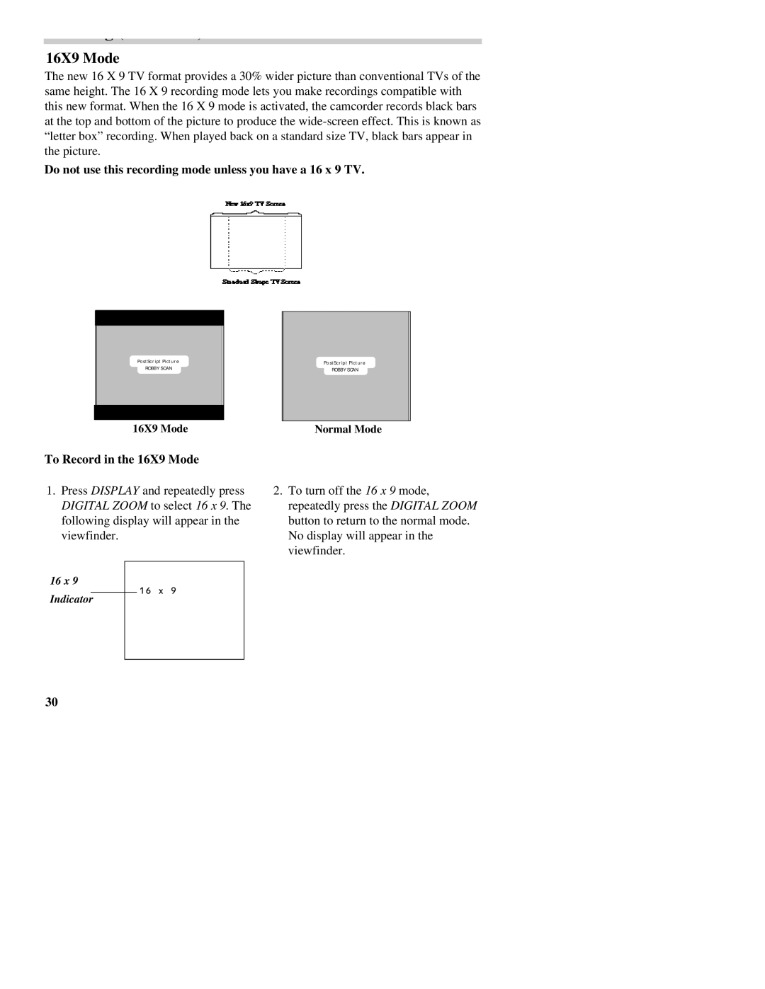 RCA CC437 manual Do not use this recording mode unless you have a 16 x 9 TV, To Record in the 16X9 Mode 