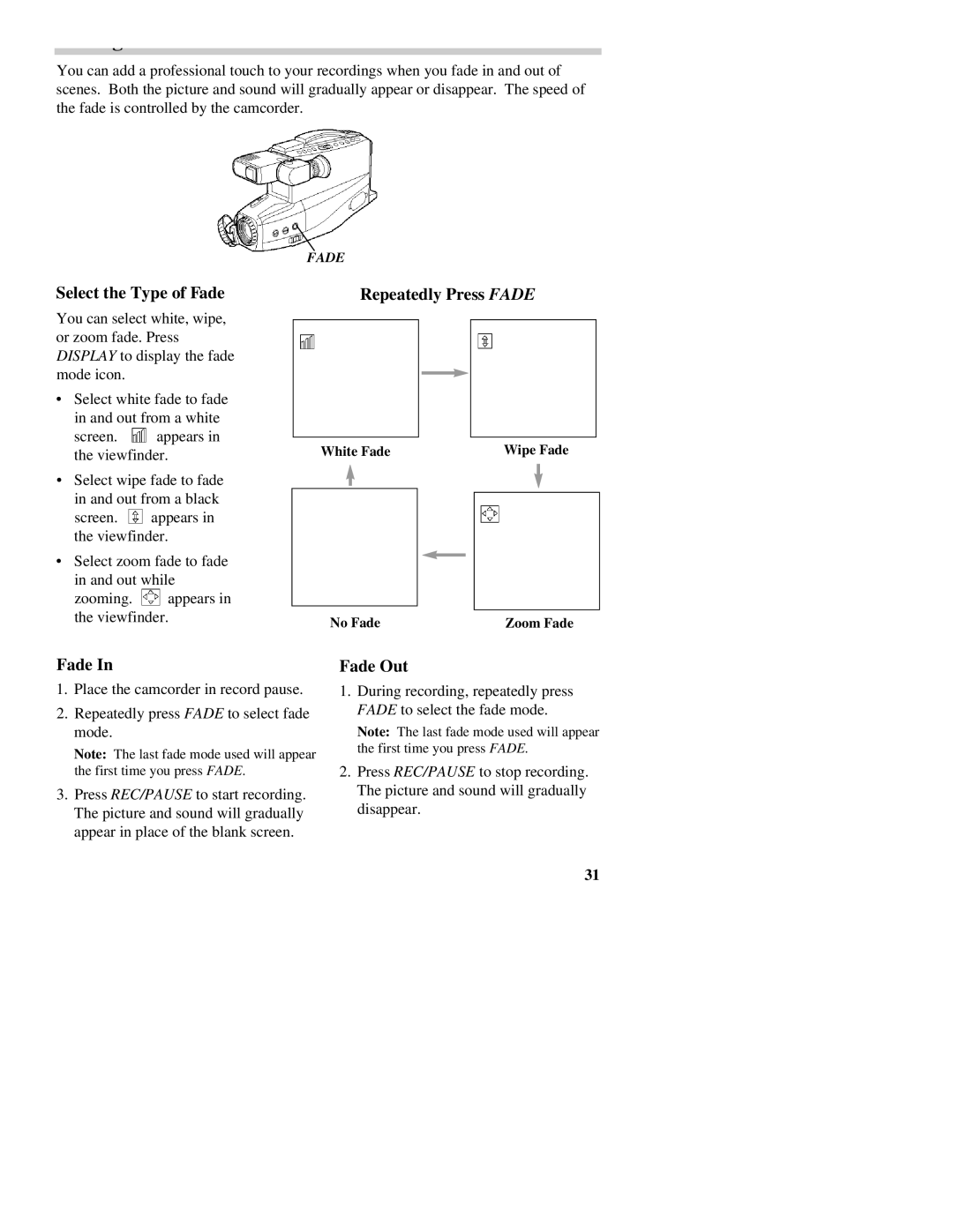 RCA CC437 manual Select the Type of Fade, Repeatedly Press Fade, Fade Out 