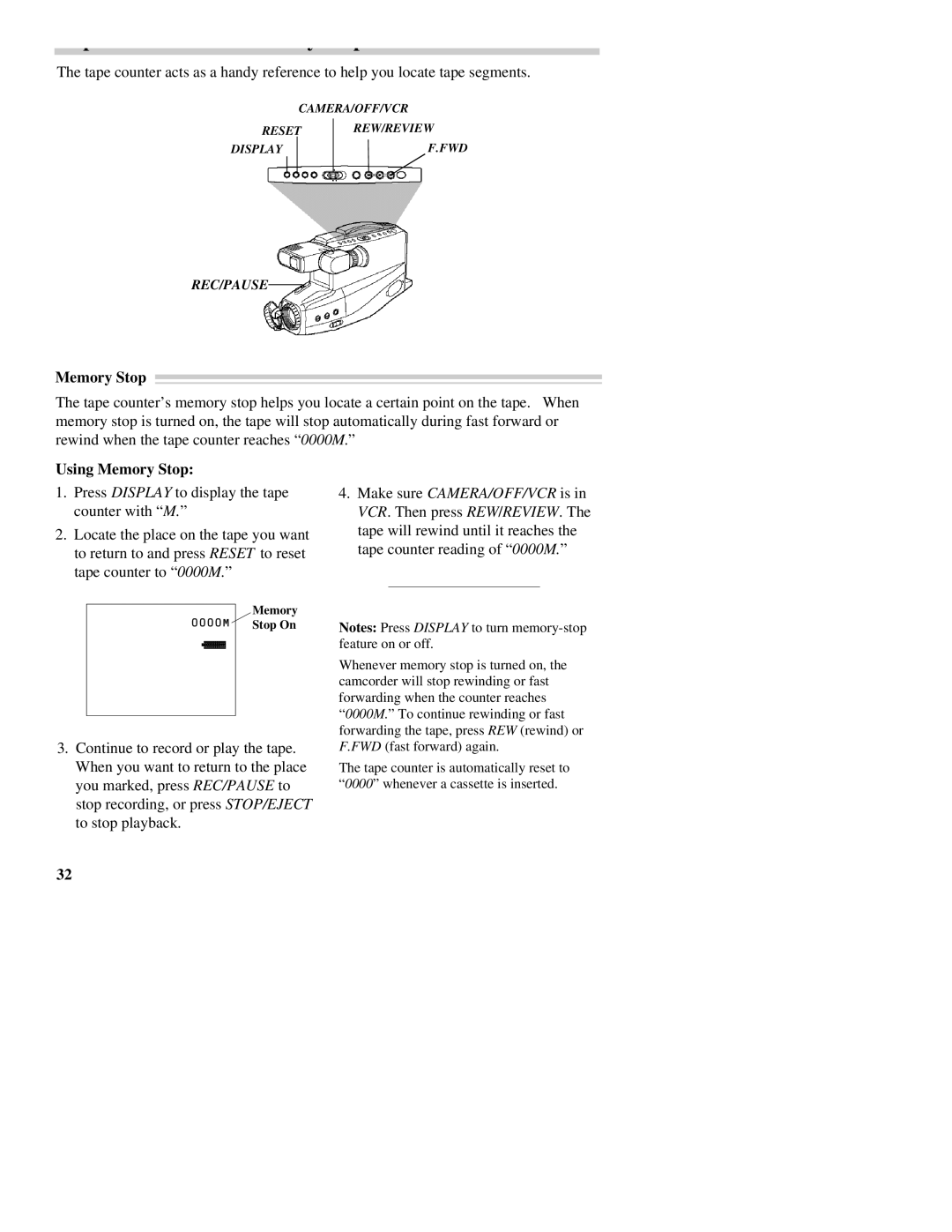 RCA CC437 manual Using Memory Stop 