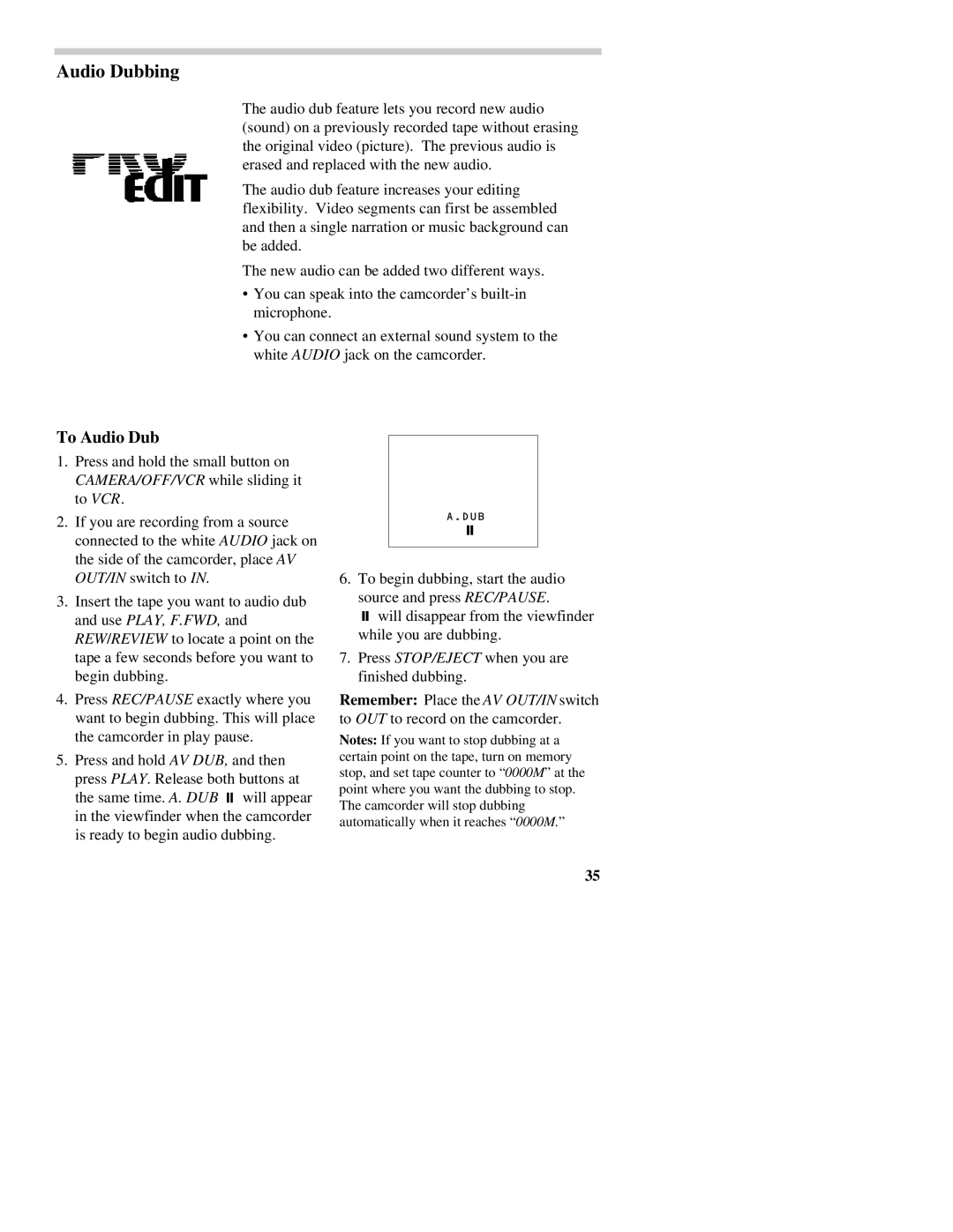 RCA CC437 manual To Audio Dub 