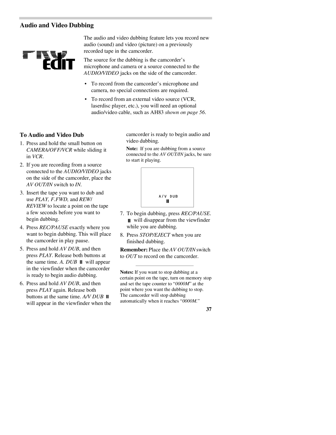 RCA CC437 manual To Audio and Video Dub 