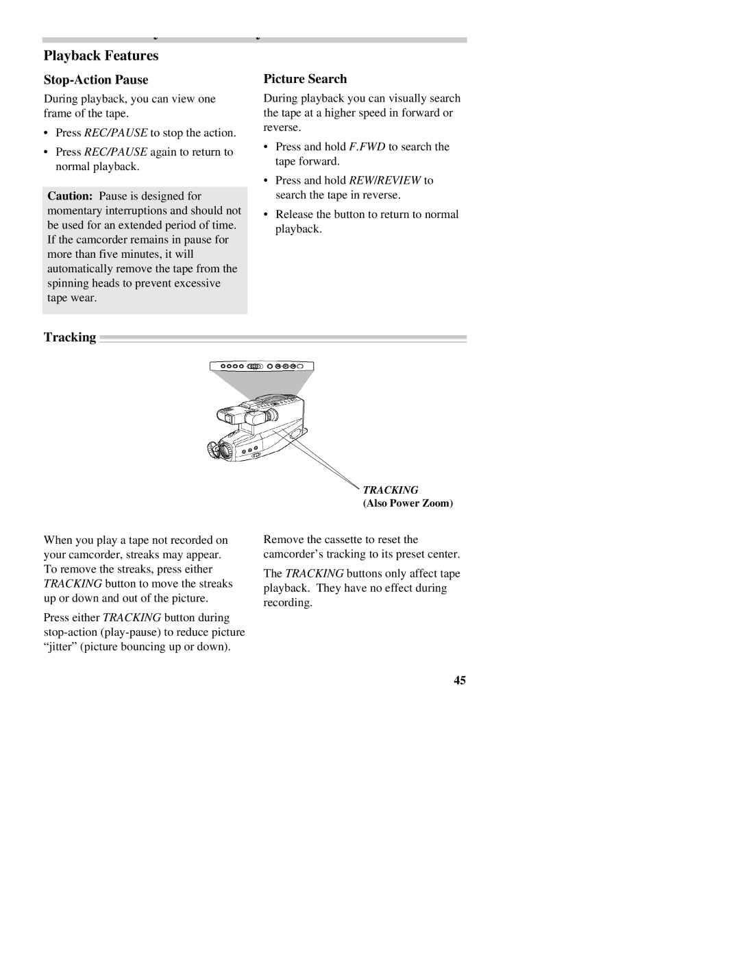 RCA CC437 manual Playback Features, Stop-Action Pause, Picture Search, Tracking 