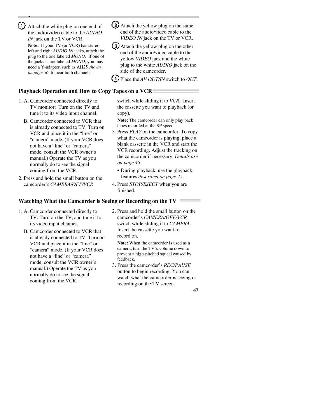 RCA CC437 Playback Operation and How to Copy Tapes on a VCR, Watching What the Camcorder is Seeing or Recording on the TV 