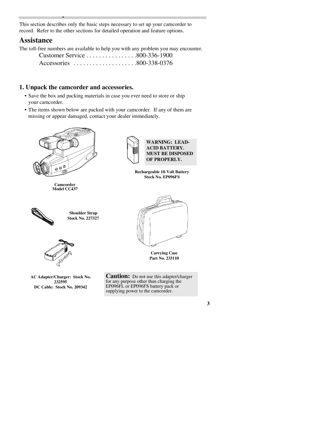 RCA CC437 manual Assistance, Unpack the camcorder and accessories 