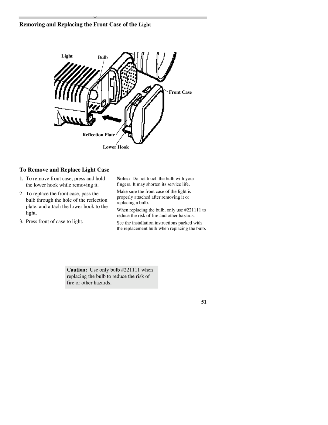 RCA CC437 manual Removing and Replacing the Front Case of the Light, To Remove and Replace Light Case 