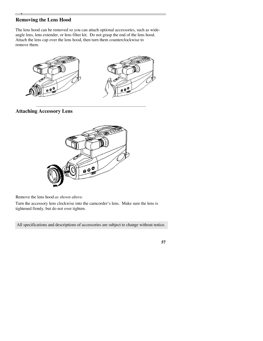 RCA CC437 manual Removing the Lens Hood, Attaching Accessory Lens 