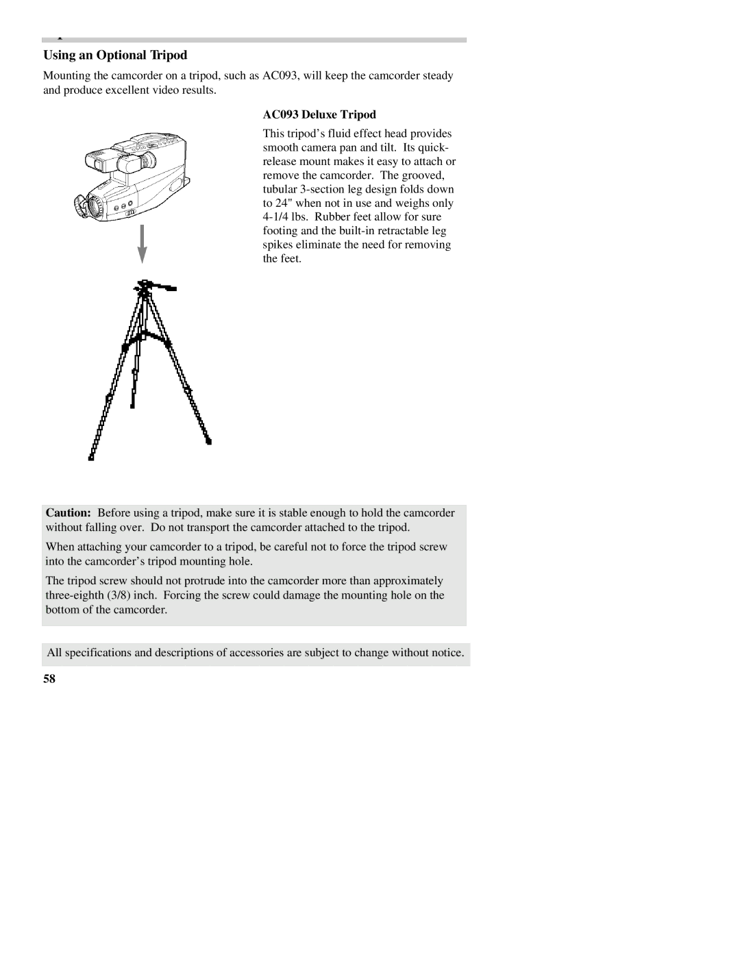 RCA CC437 manual Using an Optional Tripod, AC093 Deluxe Tripod 