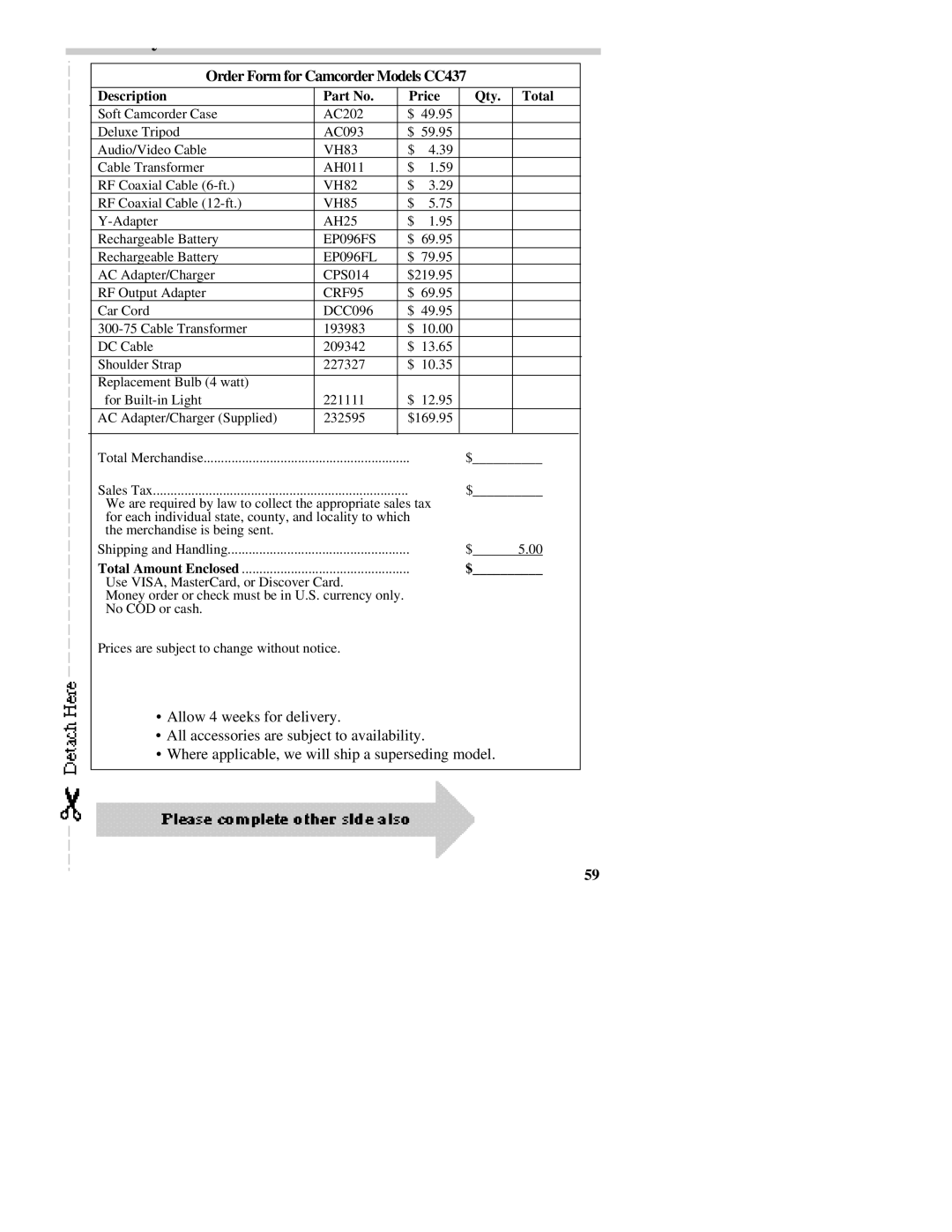 RCA manual Order Form for Camcorder Models CC437, Description Price Qty. Total 