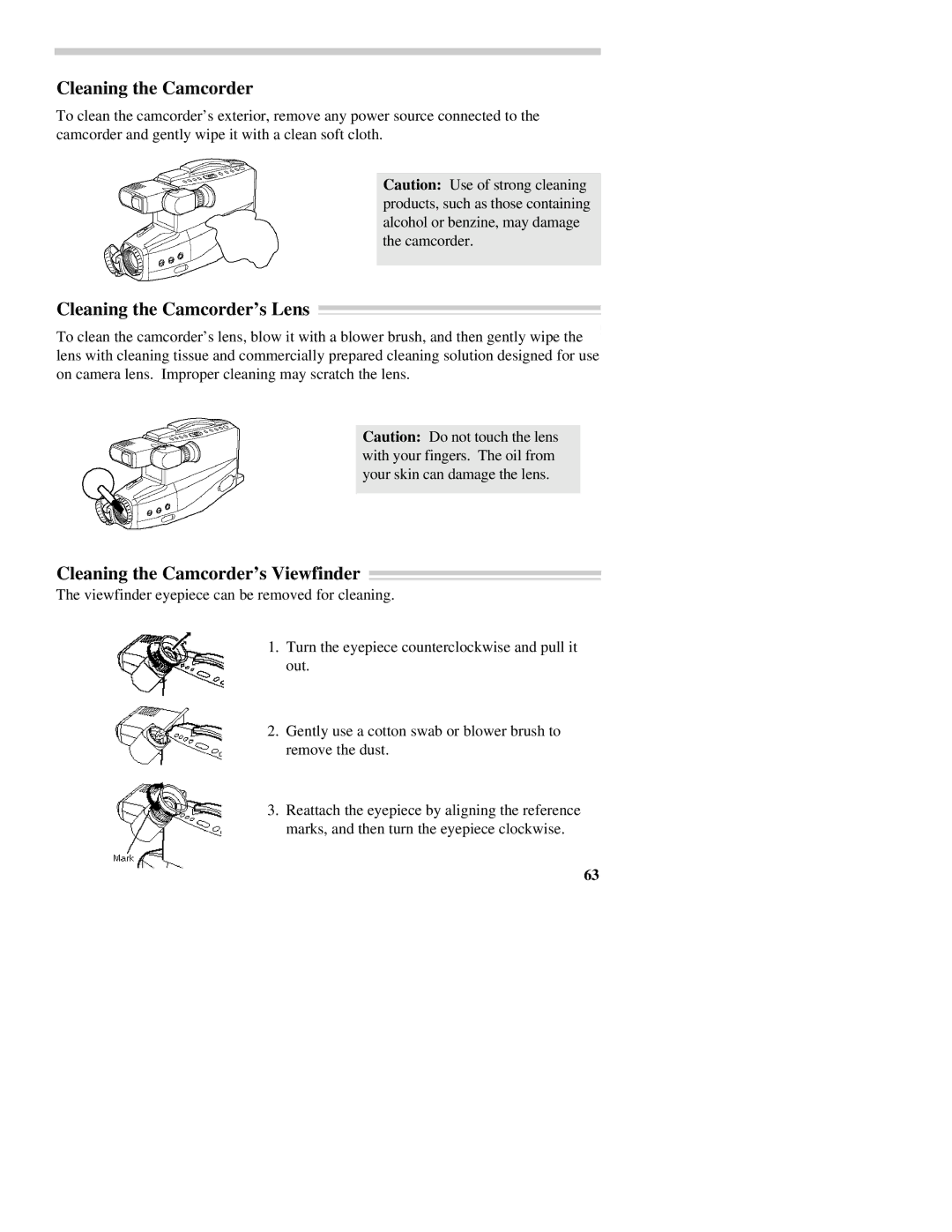 RCA CC437 manual Cleaning the Camcorder’s Lens, Cleaning the Camcorder’s Viewfinder 