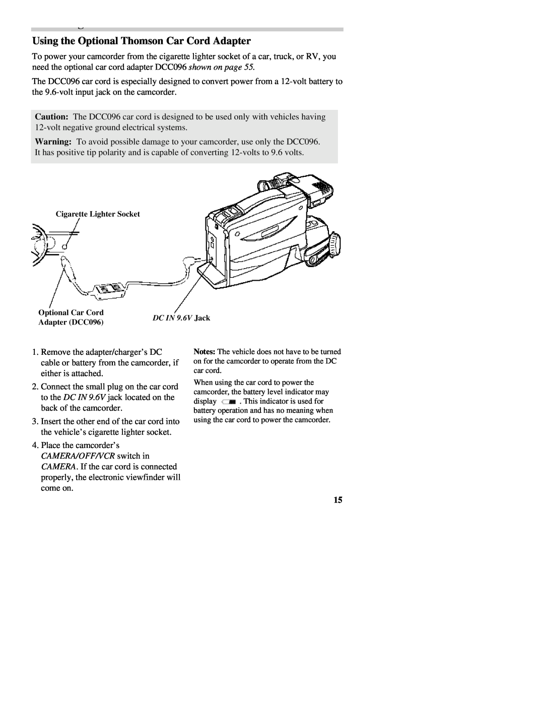 RCA CC437 manual Using the Optional Thomson Car Cord Adapter, Cigarette Lighter Socket Optional Car Cord, Adapter DCC096 