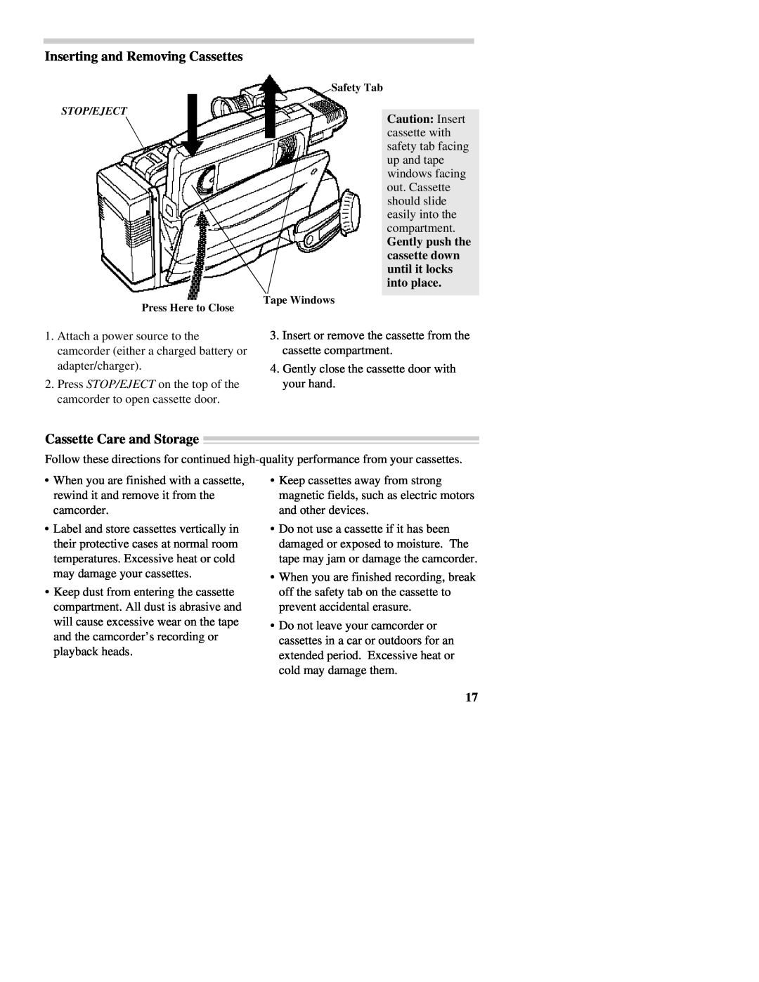 RCA CC437 manual Inserting and Removing Cassettes, Cassette Care and Storage 