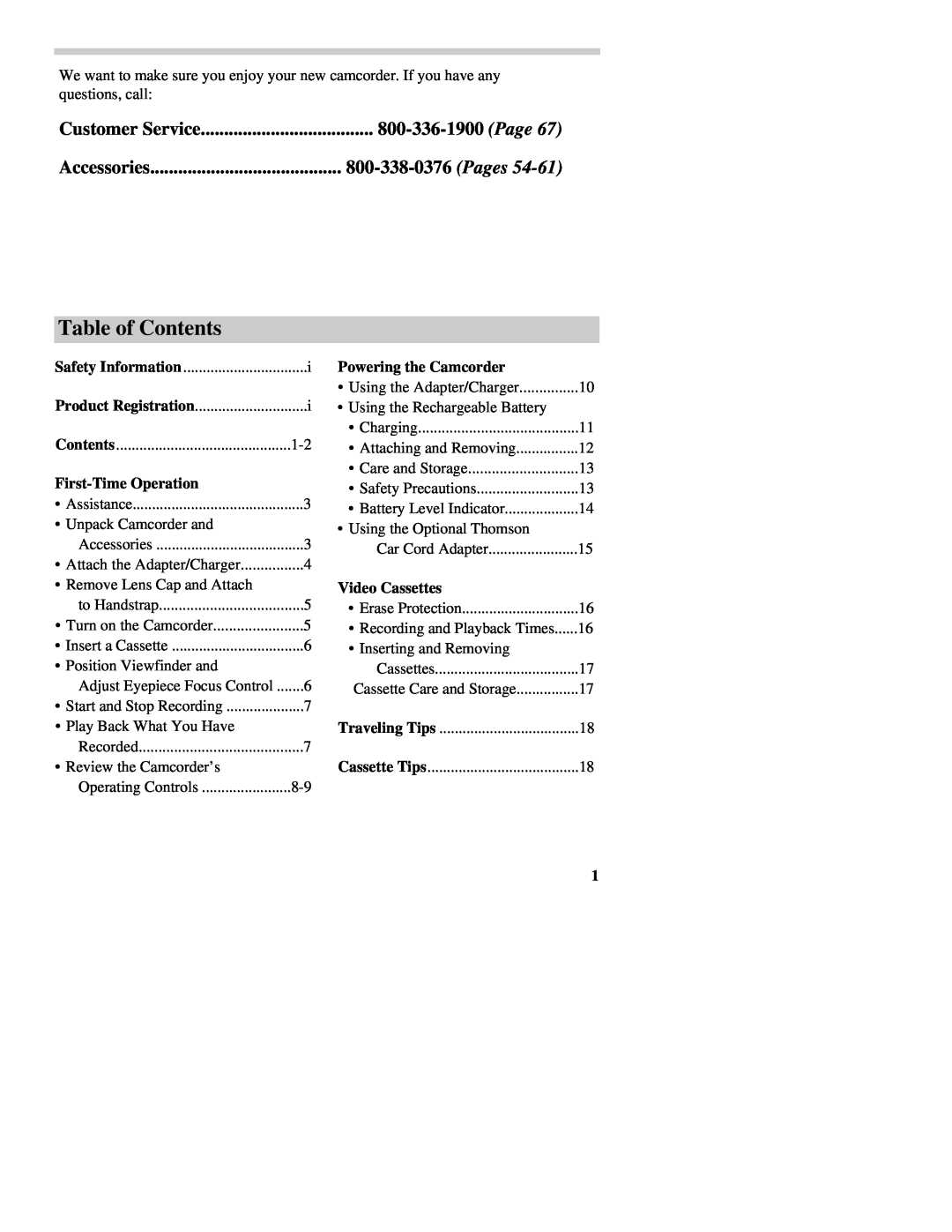 RCA CC437 manual Table of Contents, Customer Service, First-Time Operation, Powering the Camcorder, Video Cassettes 