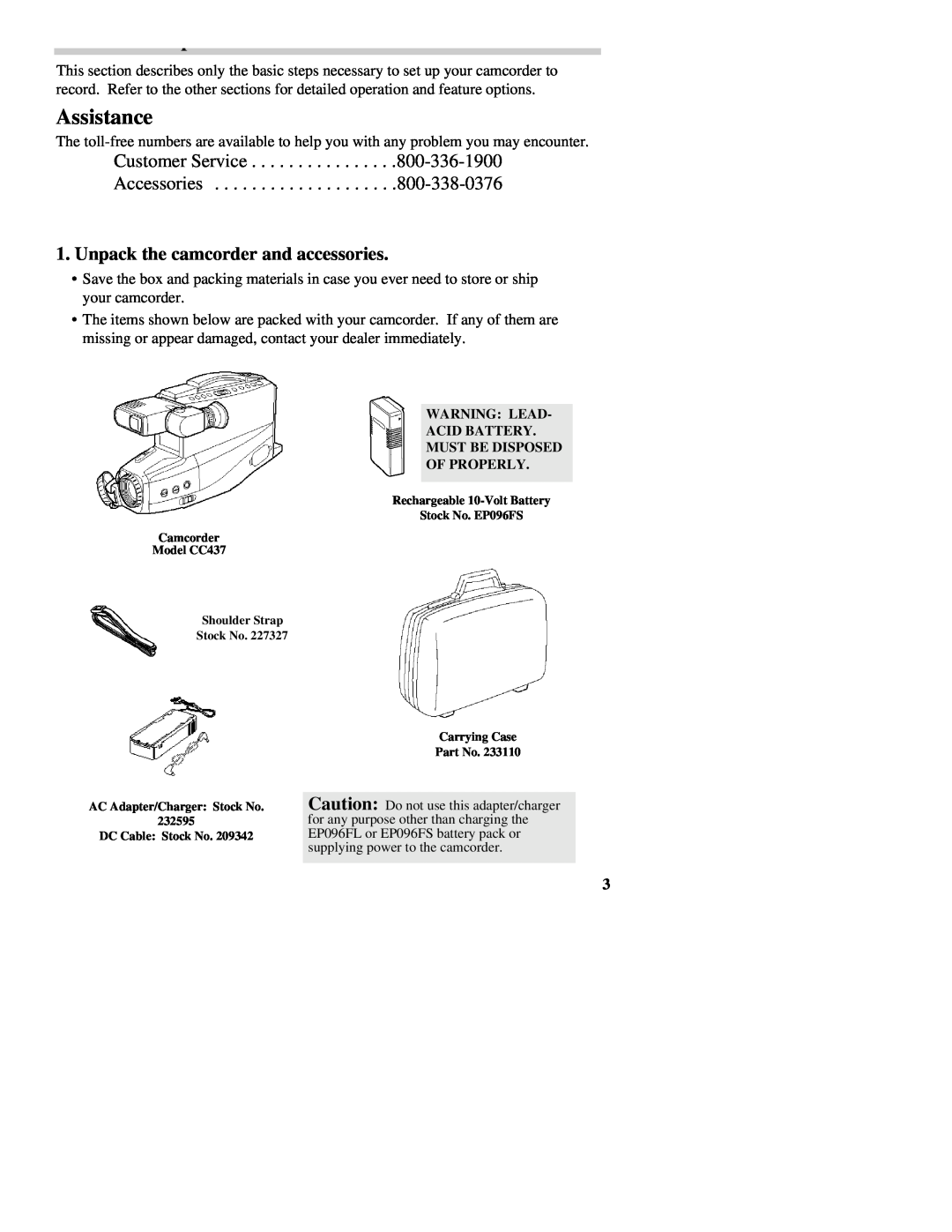 RCA CC437 manual Assistance, Customer Service Accessories, Unpack the camcorder and accessories 