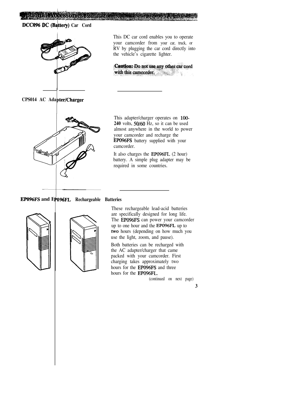 RCA CC543 warranty DCCO96 DC Bttee Car Cord, CPS014 AC Ada ter/Chrirger, EPO96FS and E 9dFL Rechargeable Batteries 