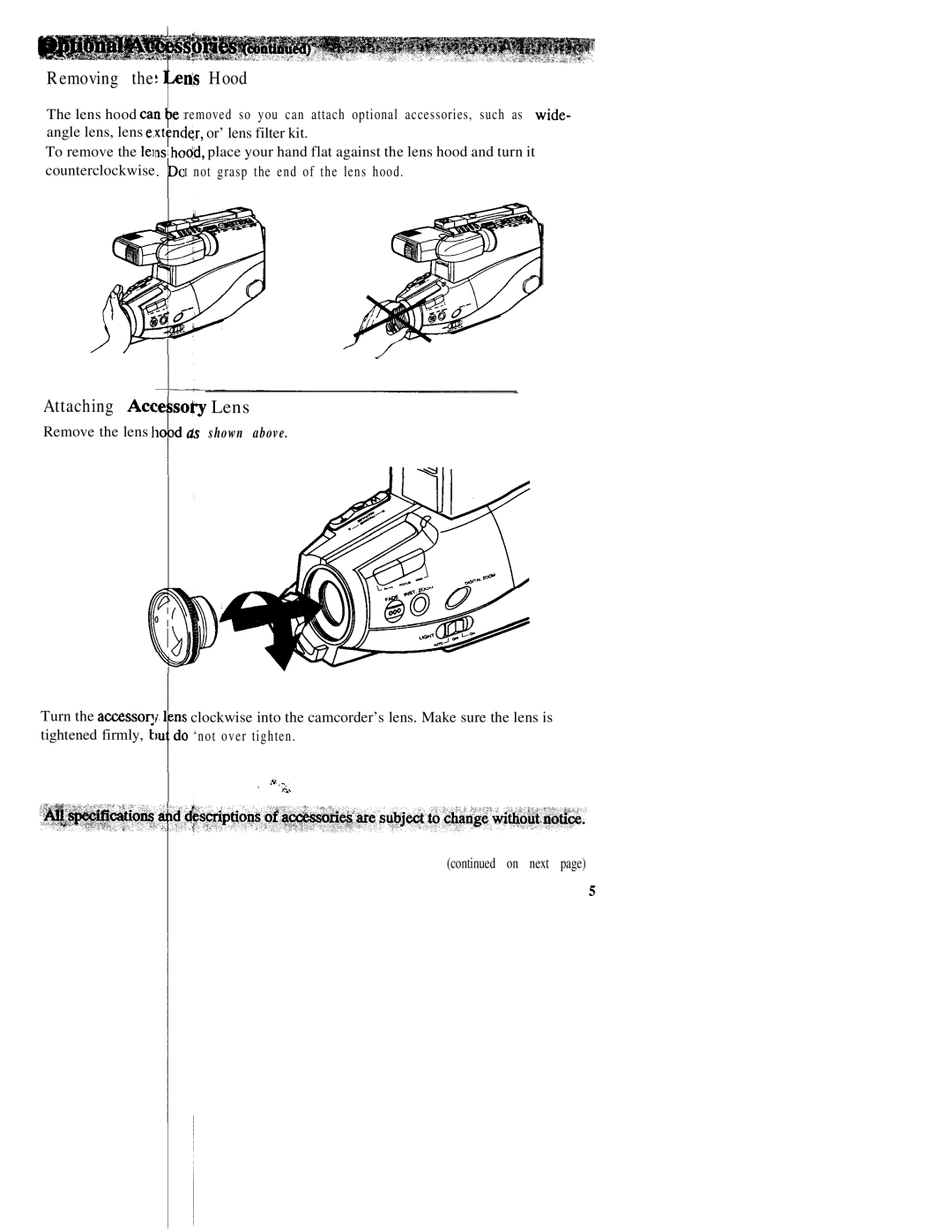 RCA CC543 warranty Removing, Attaching Act, Ds Hood, @ Lens 