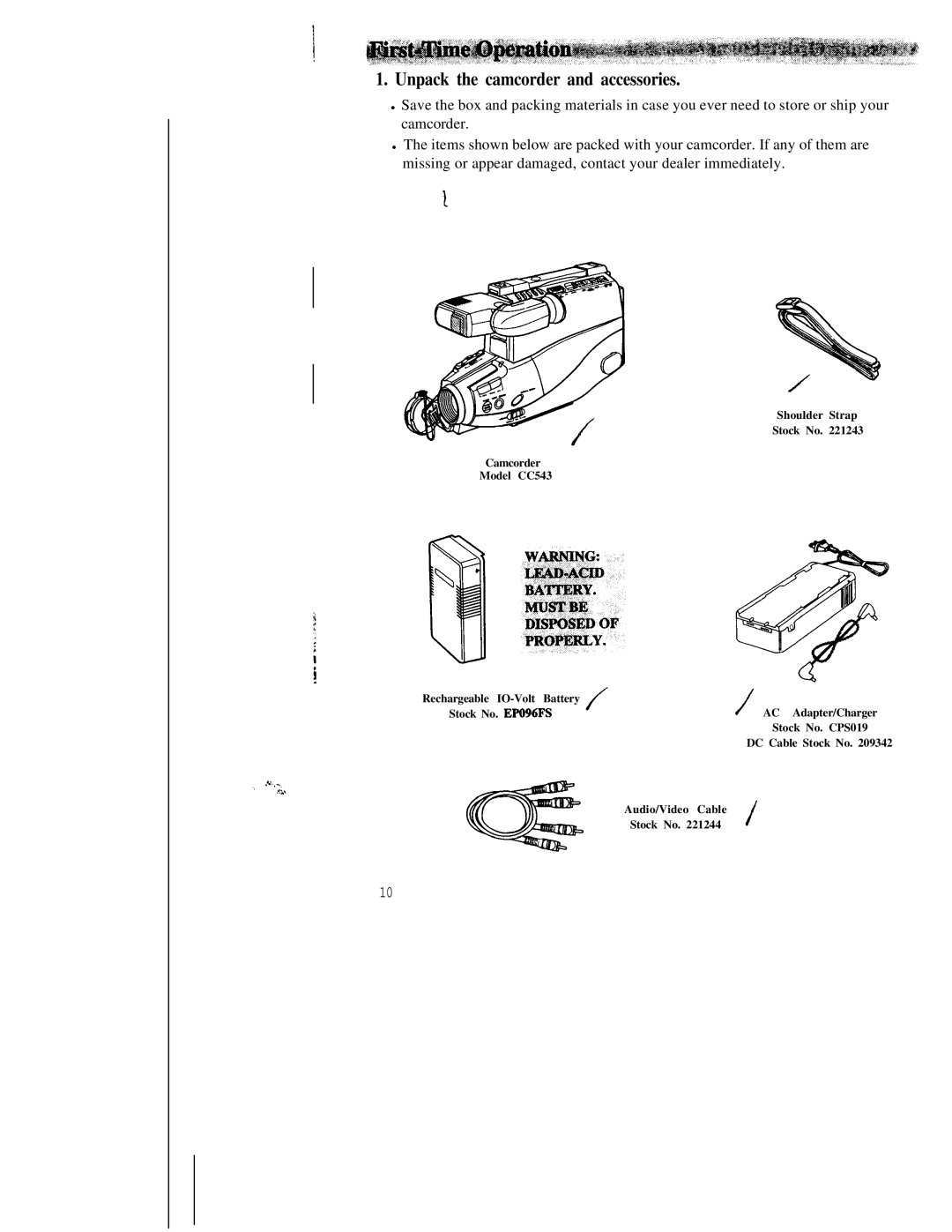 RCA CC543 warranty Unpack the camcorder and accessories 