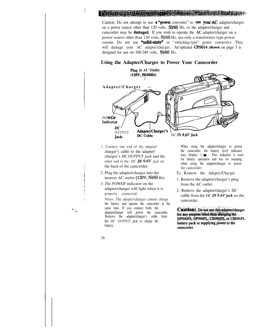 RCA CC543 warranty Using the Adapter/Charger to Power Your Camcorder, To Remove the Adapter/Charger, r r-..%.,a 