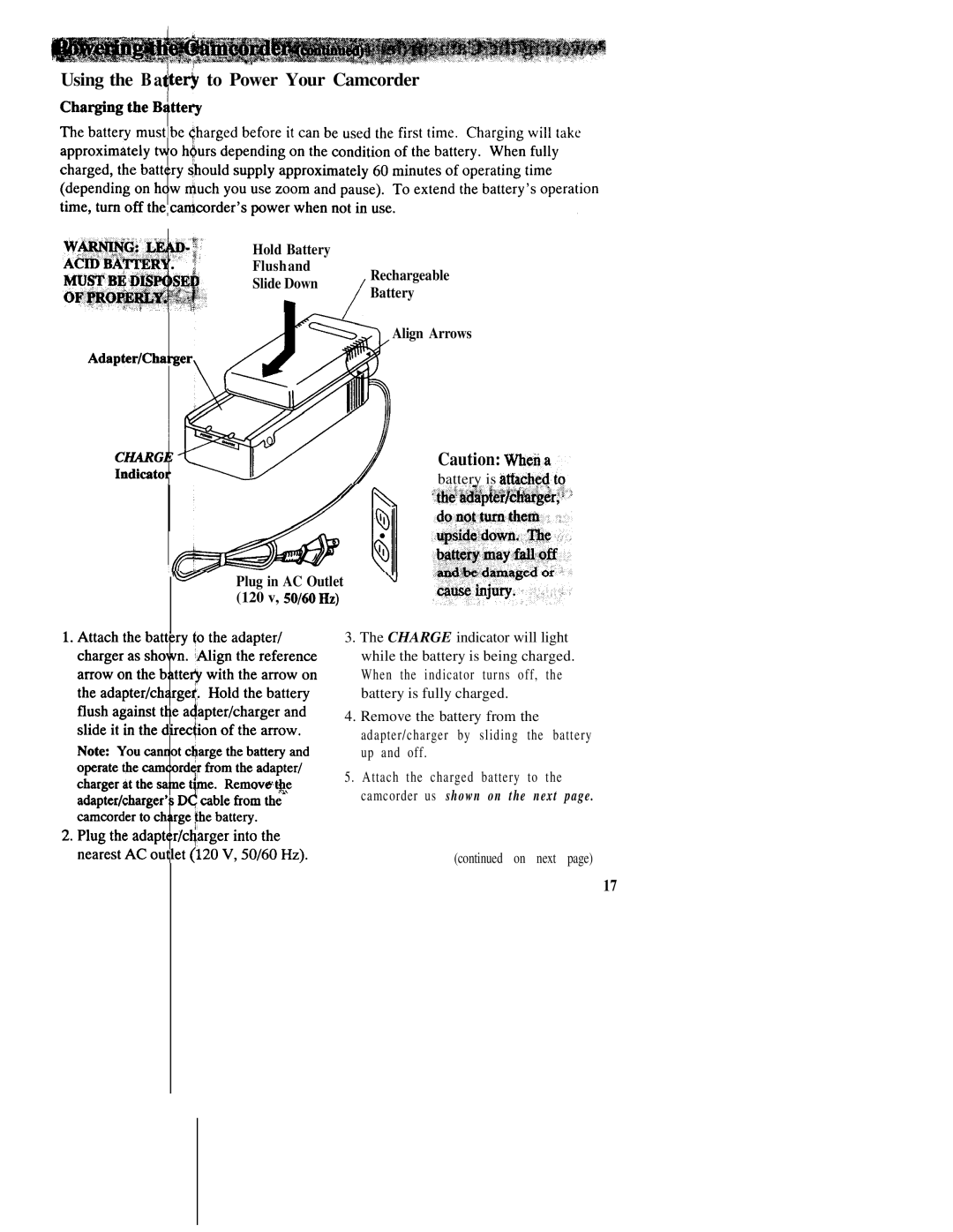 RCA CC543 warranty Using the B a te+ to Power Your Camcorder 