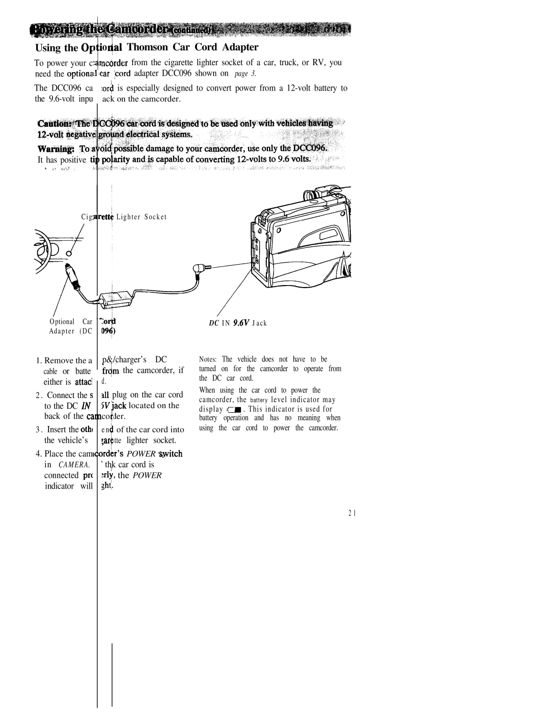 RCA CC543 warranty Using the 0~, Odal Thomson Car Cord Adapter, Camera 