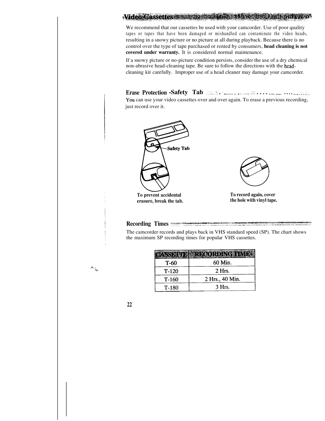 RCA CC543 warranty Recording Times, Erase Protection -Safety Tab ,... .= . j . . .... L, To prevent accidental 