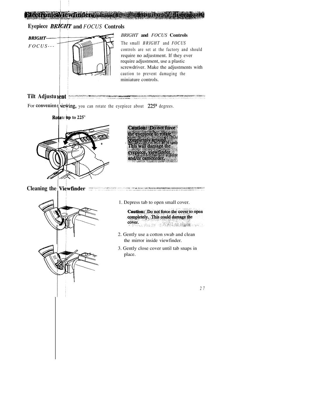 RCA CC543 warranty Eyepiece BR, Tilt Adjustu JT and Focus Controls, Cleaning, Te +p to 225’ 