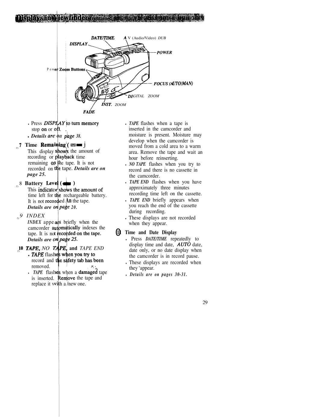 RCA CC543 warranty Time Rema, Battery Lev, Time and Date Display 