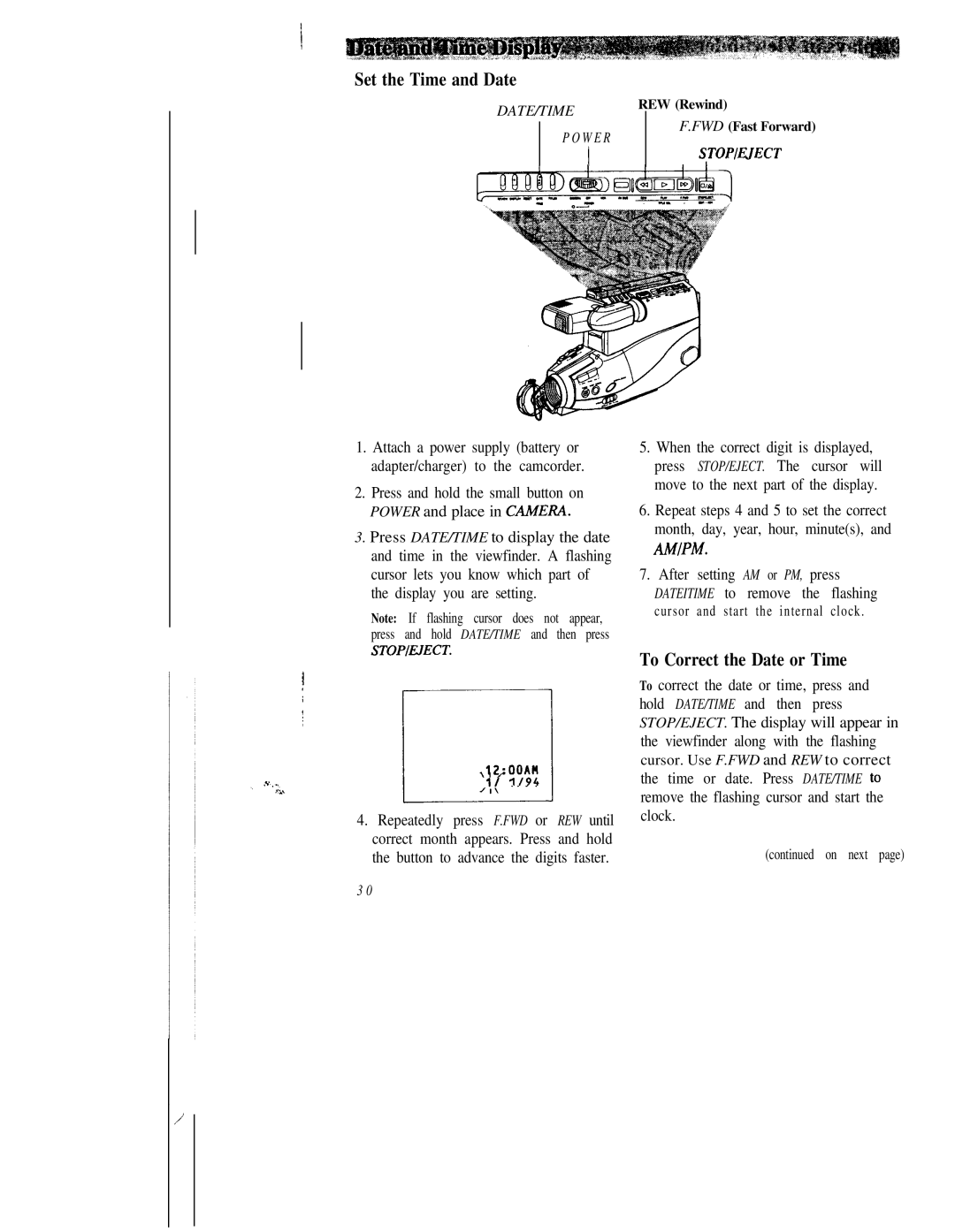 RCA CC543 warranty Set the Time and Date, To Correct the Date or Time 