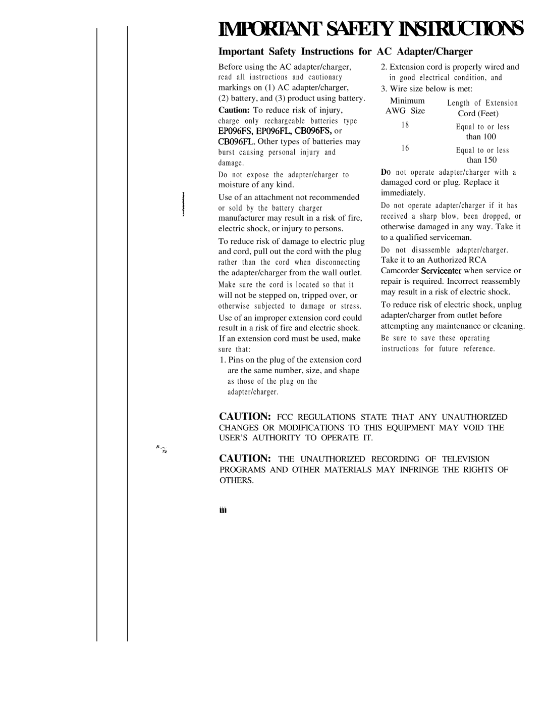 RCA CC543 warranty Important Safety Instructions for AC Adapter/Charger 