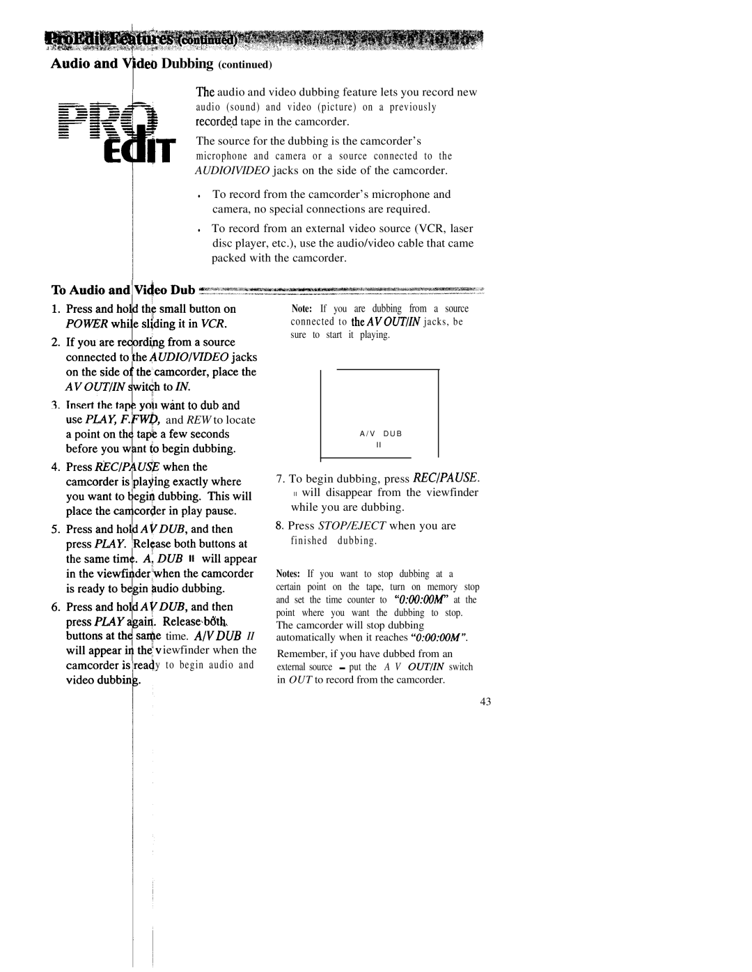 RCA CC543 warranty EO Dubbing, Time. Aivdub II iewfinder when the y to begin audio 