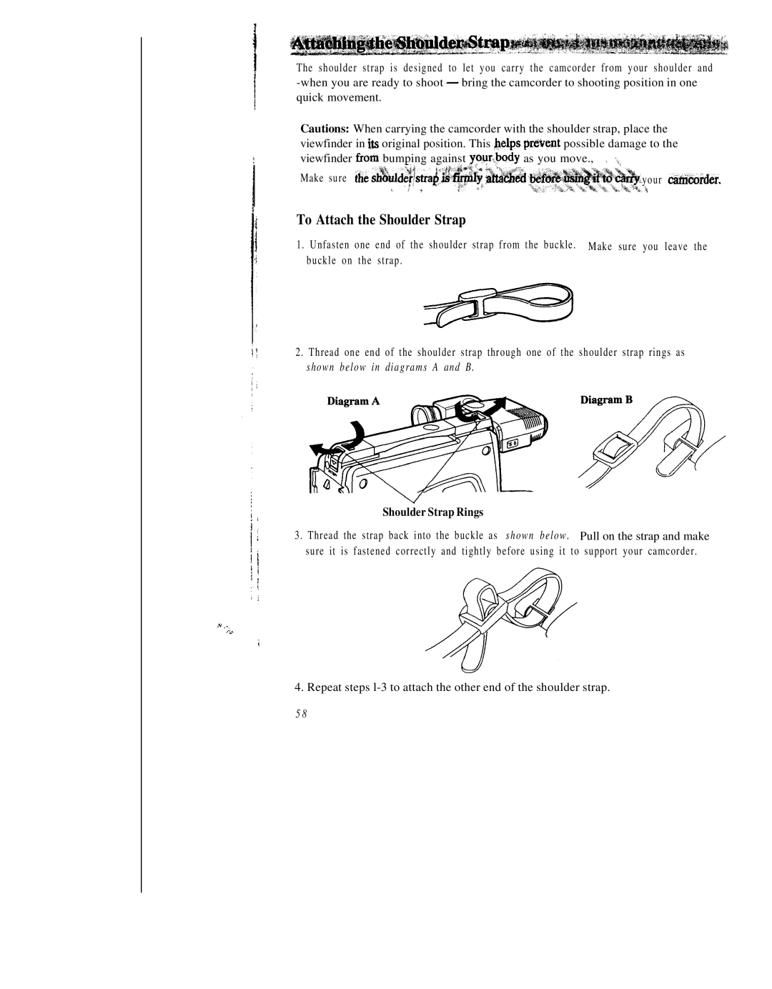 RCA CC543 warranty To Attach the Shoulder Strap, Shoulder Strap Rings 