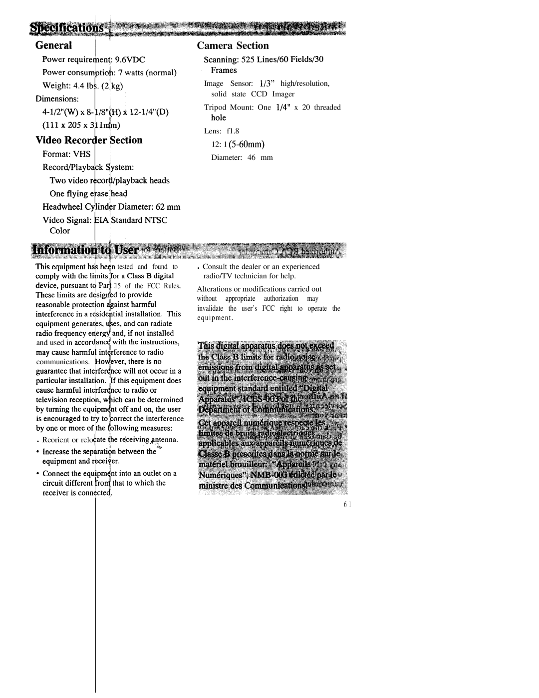 RCA CC543 warranty Camera Section 