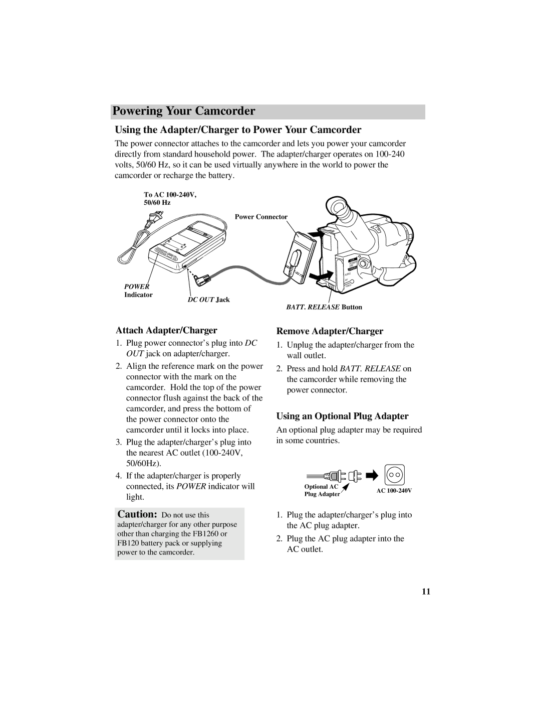 RCA CC616 manual Powering Your Camcorder, Using the Adapter/Charger to Power Your Camcorder, Attach Adapter/Charger 