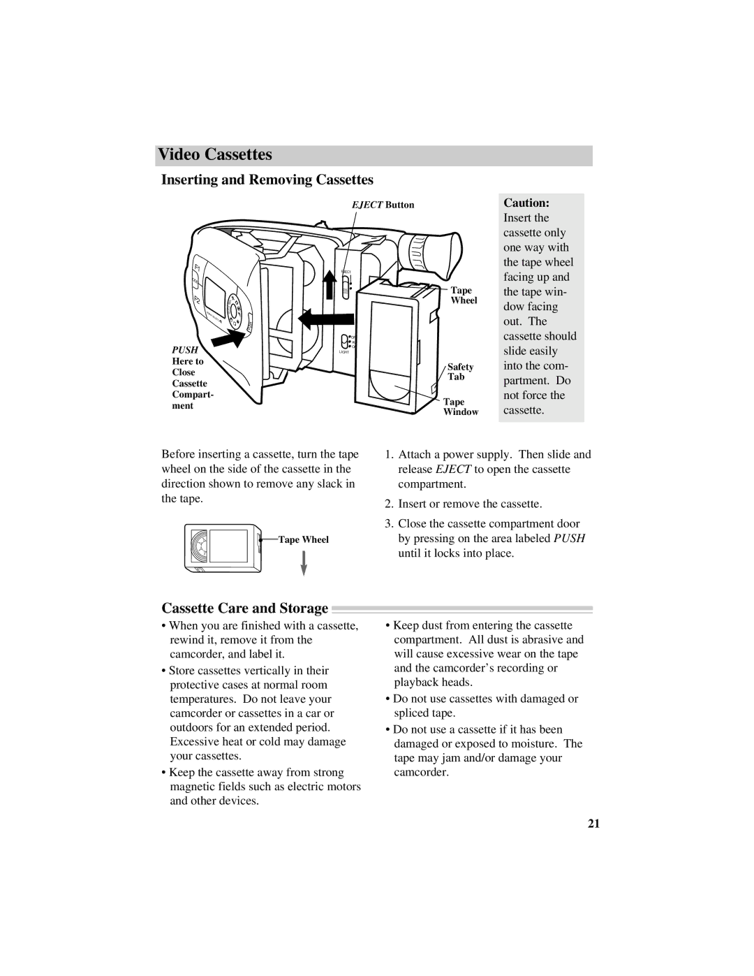 RCA CC616 manual Inserting and Removing Cassettes, Cassette Care and Storage 