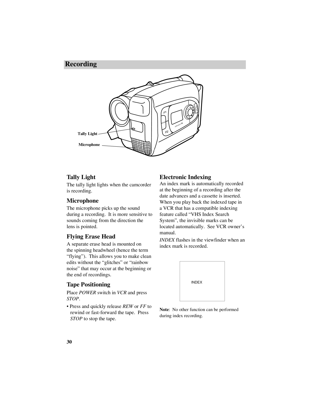 RCA CC616 manual Tally Light, Microphone, Flying Erase Head, Tape Positioning, Electronic Indexing 