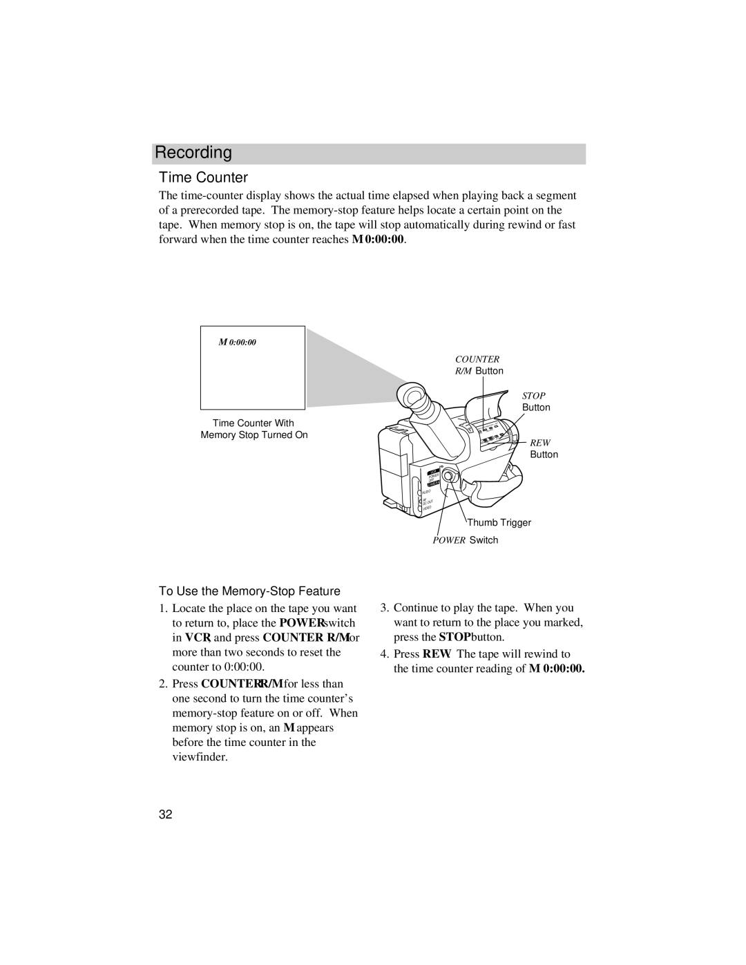 RCA CC616 manual Time Counter, To Use the Memory-Stop Feature 