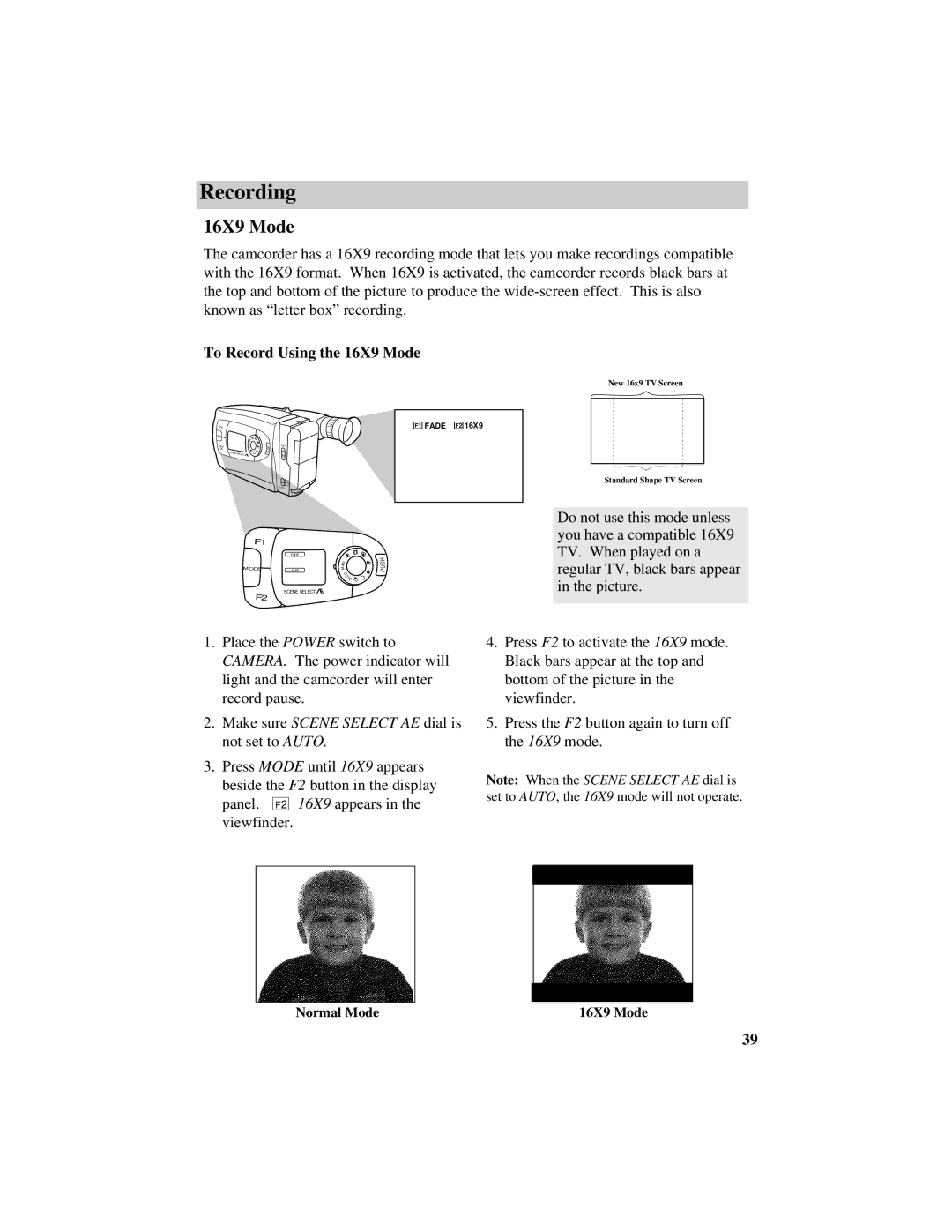 RCA CC616 manual To Record Using the 16X9 Mode 