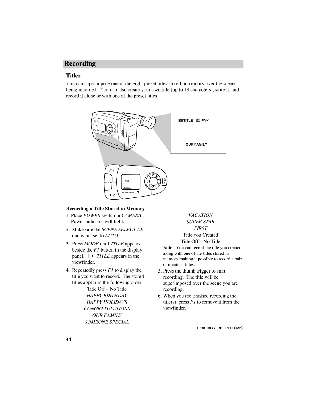 RCA CC616 manual Titler, Recording a Title Stored in Memory 