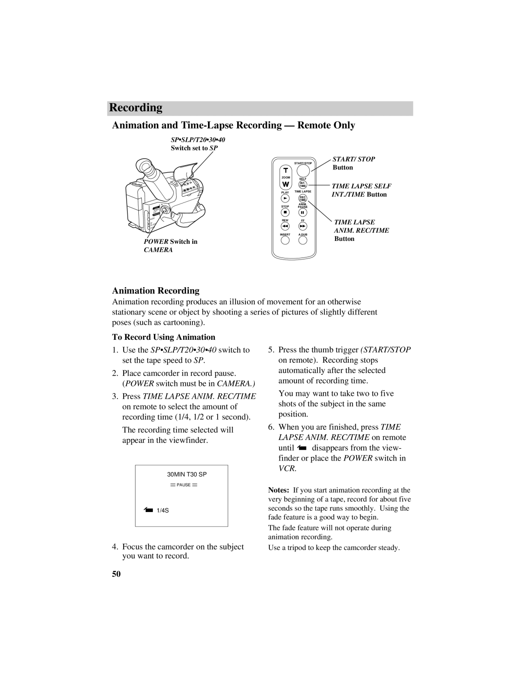 RCA CC616 manual Animation and Time-Lapse Recording Remote Only, Animation Recording, To Record Using Animation 